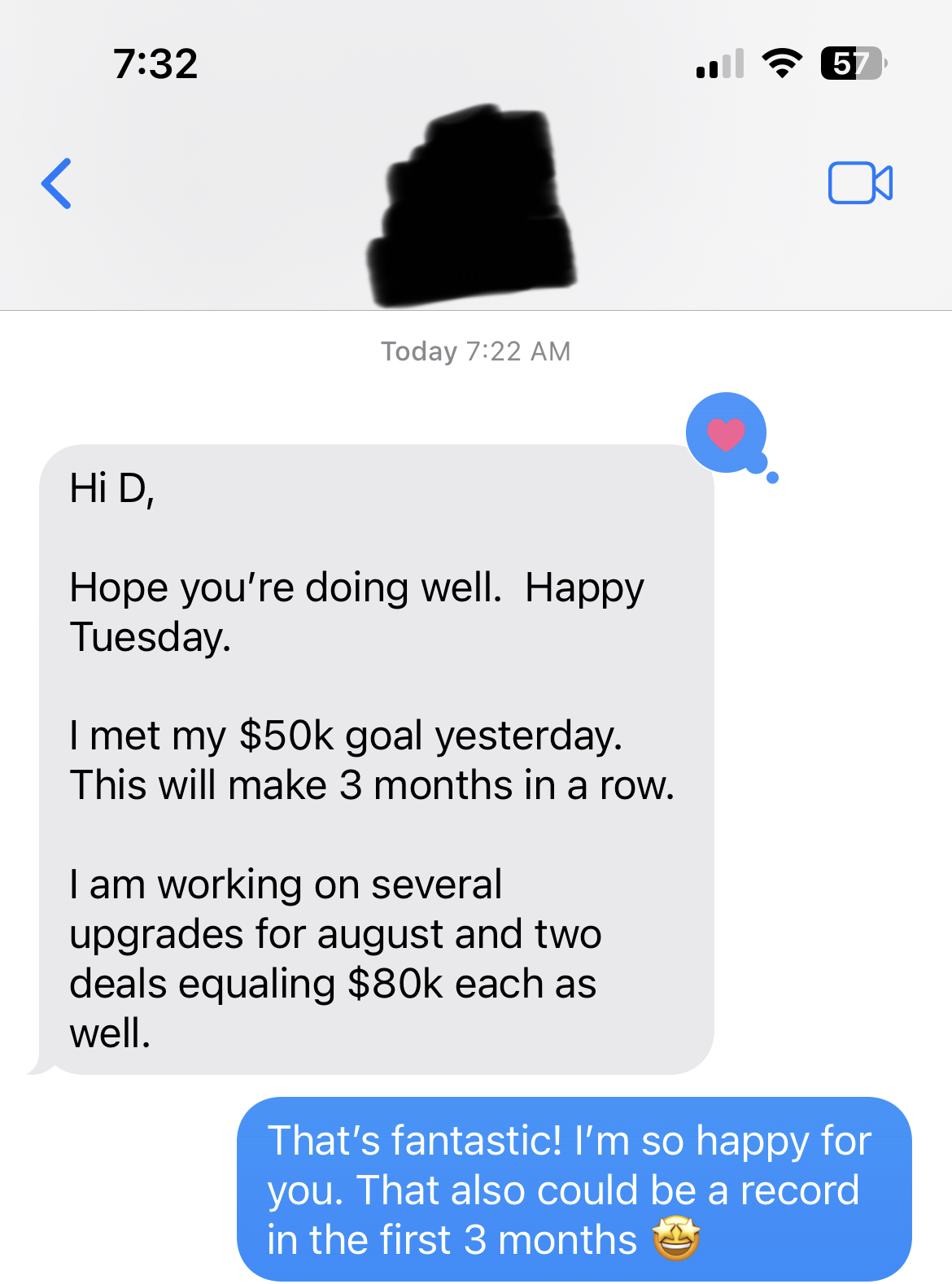Message about reaching a $50,000 goal three months in a row