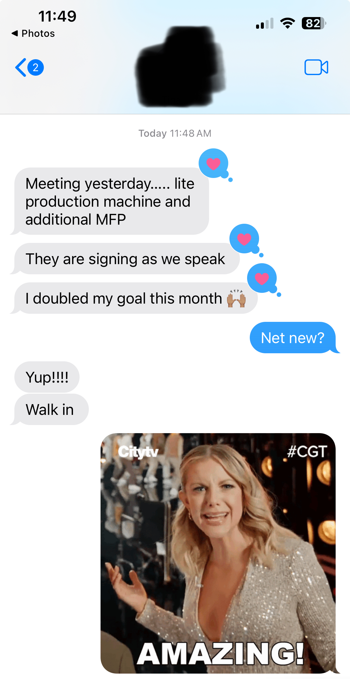 Message about doubling a monthly goal through new business