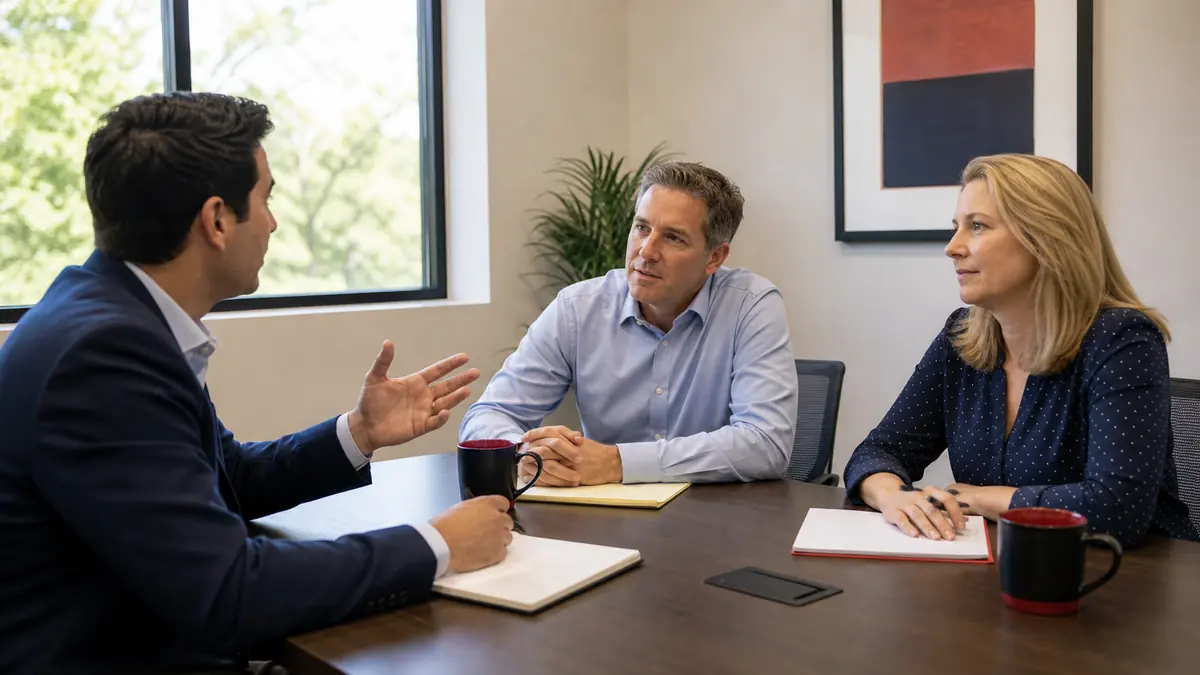 Salesperson leading a first meeting with two business customers