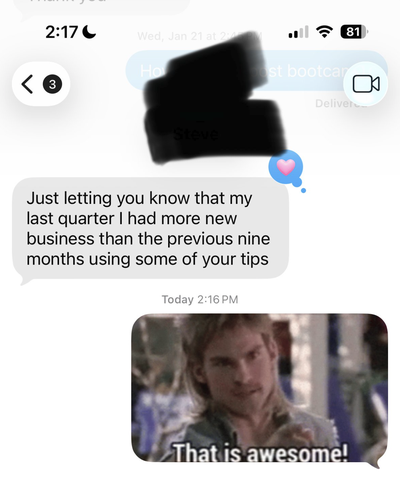 Text message: 5 appointments set today. New record for one day.